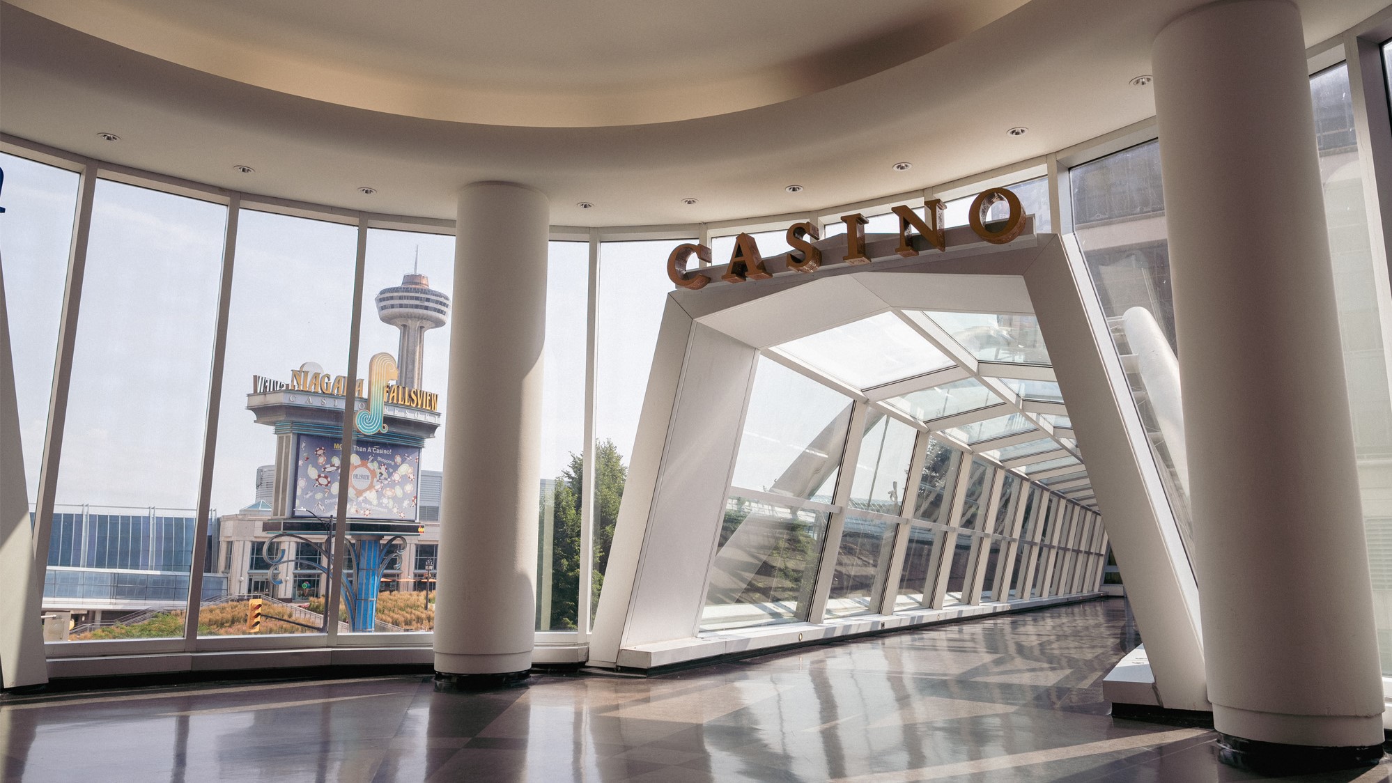 A large bright walkway connecting the hotel to the Fallsview casino for easy access.