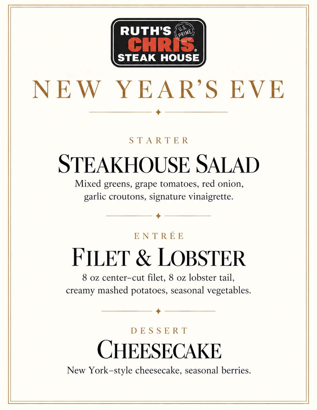 Ruth's Chris New Year's Eve Dinner Menu